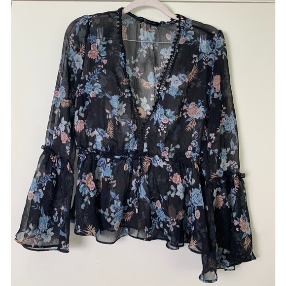 White House Black Market Black Peplum Semi Sheer Blouse Size MP - Picture 9 of 10